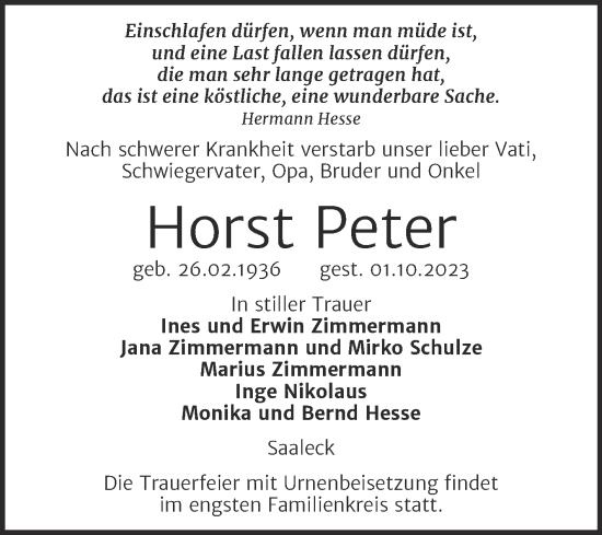 Traueranzeige von Horst Peter von Naumburger Tageblatt