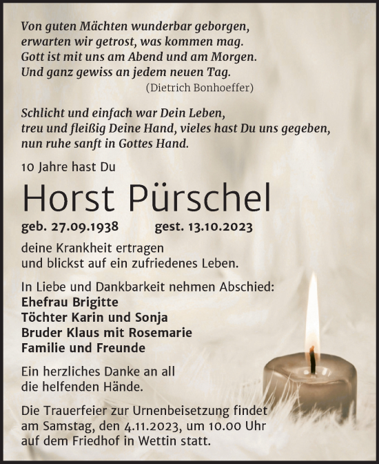 Traueranzeige von Horst Pürschel von Mitteldeutsche Zeitung Halle/Saalkreis