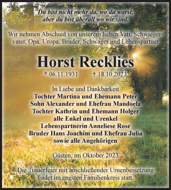 Traueranzeige von Horst Recklies von Volksstimme Staßfurt