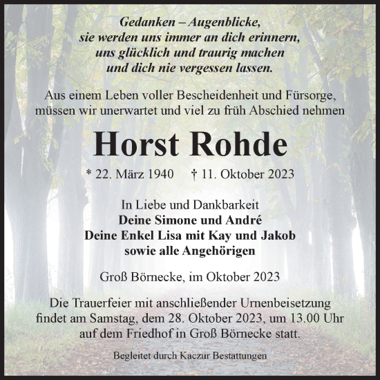 Traueranzeige von Horst Rohde von Volksstimme Staßfurt
