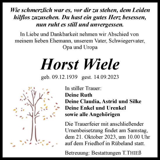 Traueranzeige von Horst Wiele von Volksstimme Wernigerode