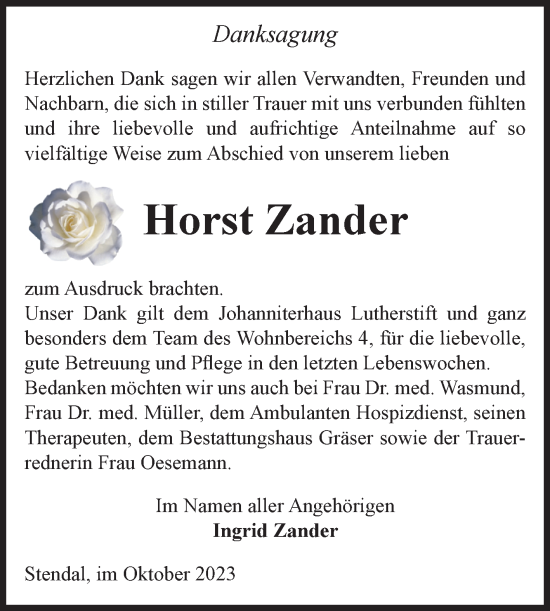 Traueranzeige von Horst Zander von Volksstimme Altmark Ost