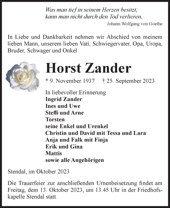 Traueranzeige von Horst Zander von Volksstimme Altmark Ost