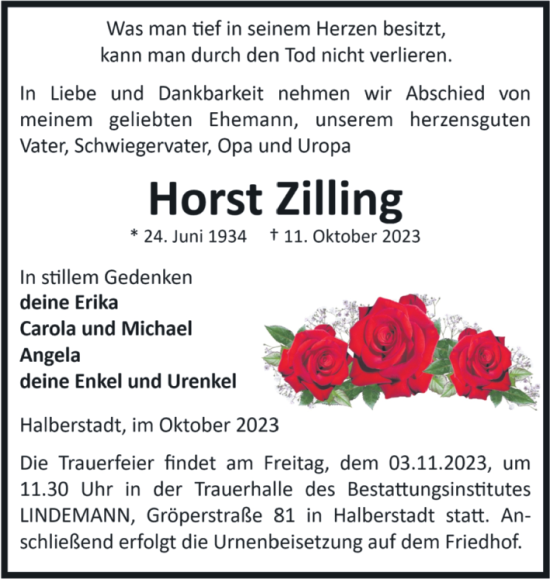 Traueranzeige von Horst Zilling von Volksstimme Halberstadt