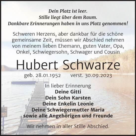 Traueranzeige von Hubert Schwarze von Trauerkombi Weißenfels