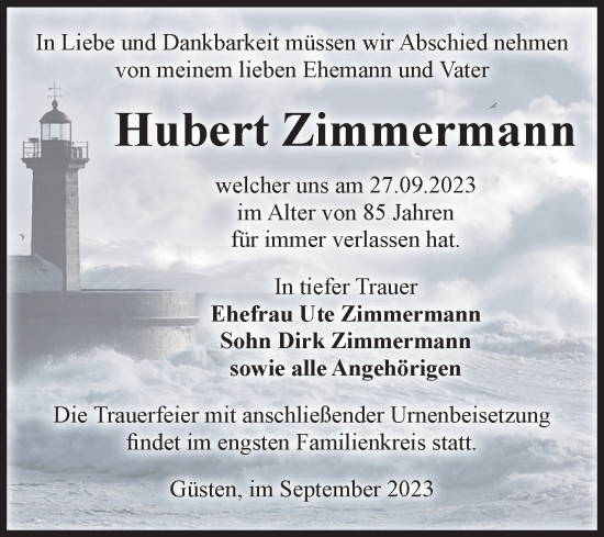 Traueranzeige von Hubert Zimmermann von Volksstimme Staßfurt