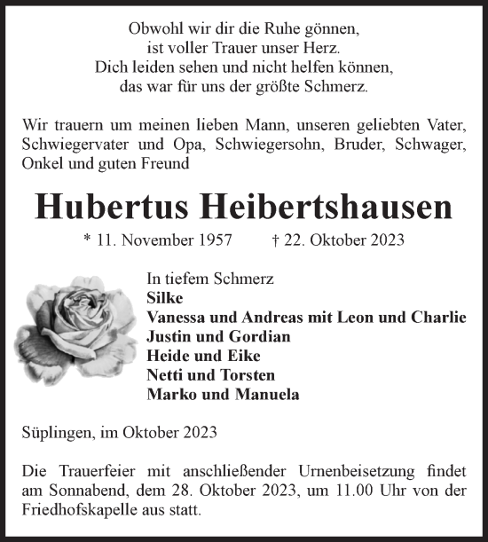 Traueranzeige von Hubertus Heibertshausen von Volksstimme Haldensleben/Wolmirstedt