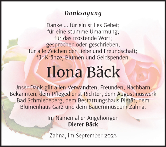 Traueranzeige von Ilona Bäck von Trauerkombi Wittenberg