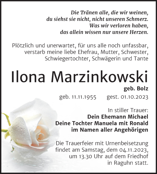 Traueranzeige von Ilona Marzinkowski von Trauerkombi Bitterfeld