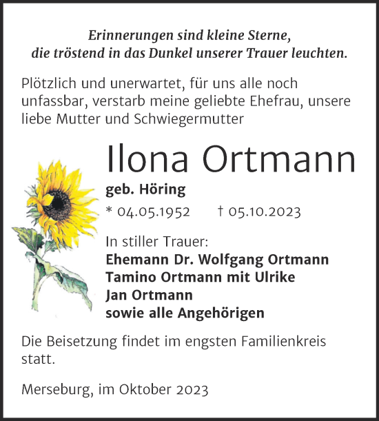 Traueranzeige von Ilona Ortmann von Trauerkombi Merseburg
