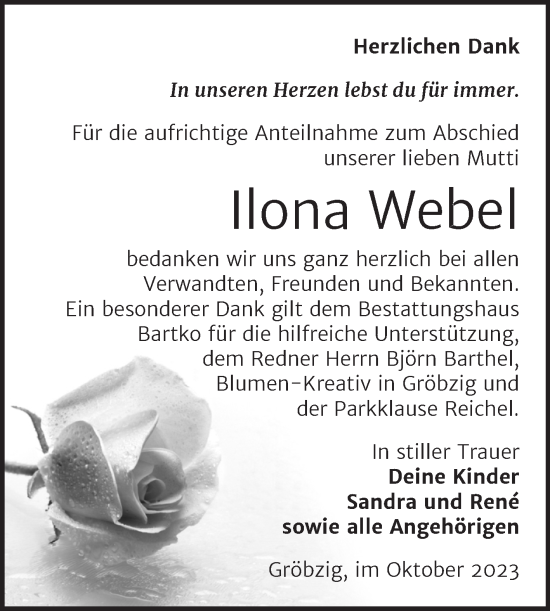 Traueranzeige von Ilona Webel von Trauerkombi Köthen
