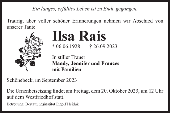 Traueranzeige von Ilsa Rais von Volksstimme Schönebeck