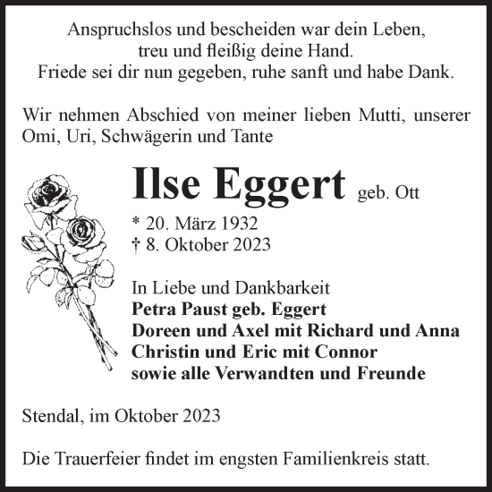 Traueranzeige von Ilse Eggert von Volksstimme Altmark Ost