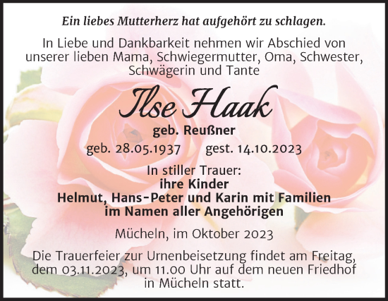 Traueranzeige von Ilse Haak von Trauerkombi Merseburg