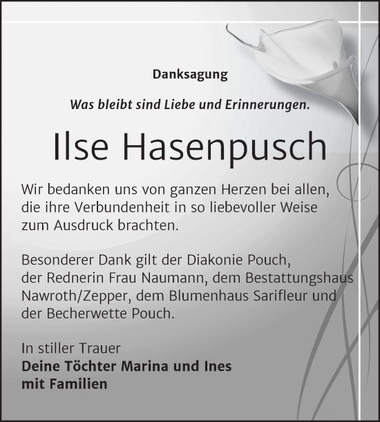 Traueranzeige von Ilse Hasenpusch von Trauerkombi Bitterfeld