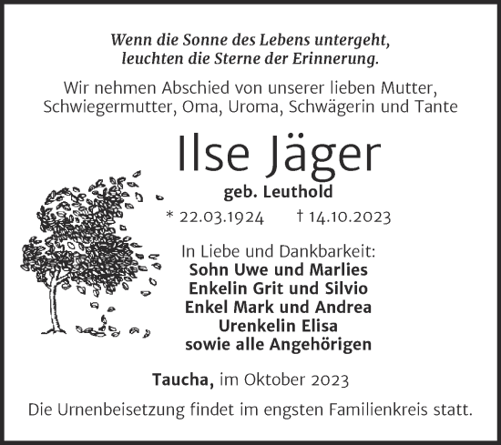 Traueranzeige von Ilse Jäger von Trauerkombi Weißenfels