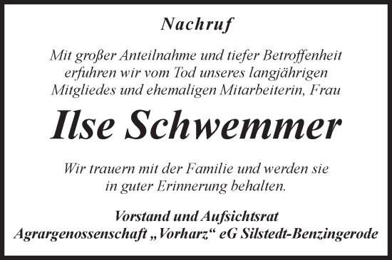 Traueranzeige von Ilse Schwemmer von Volksstimme Wernigerode