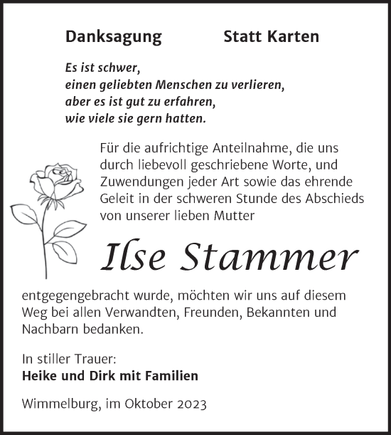 Traueranzeige von Ilse Stammer von Wochenspiegel Mansfelder Land