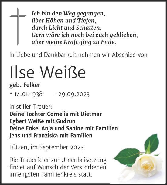 Traueranzeige von Ilse Weiße von Trauerkombi Weißenfels