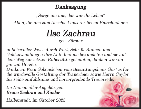 Traueranzeige von Ilse Zachrau von Volksstimme Halberstadt
