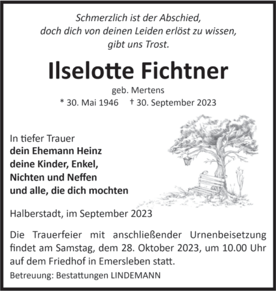 Traueranzeige von Ilselotte Fichtner von Volksstimme Halberstadt