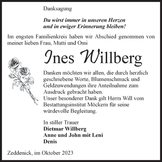 Traueranzeige von Ines Willberg von Volksstimme Burg/Genthin