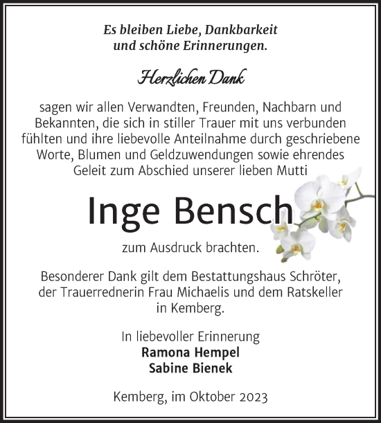 Traueranzeige von Inge Bensch von Trauerkombi Wittenberg