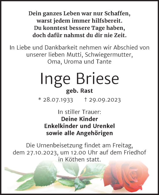 Traueranzeige von Inge Briese von Trauerkombi Köthen