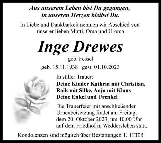 Traueranzeige von Inge Drewes von Trauerkombi Quedlinburg