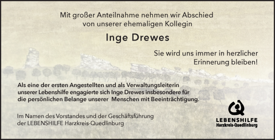 Traueranzeige von Inge Drewes von Mitteldeutsche Zeitung Quedlingburg