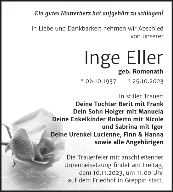 Traueranzeige von Inge Eller von Trauerkombi Bitterfeld