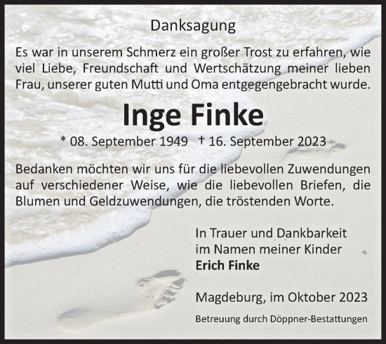 Traueranzeige von Inge Finke von Volksstimme Magdeburg