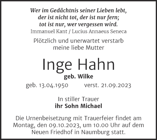 Traueranzeige von Inge Hahn von Wochenspiegel Naumburg/Nebra