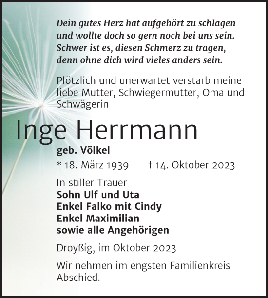 Traueranzeige von Inge Herrmann von Trauerkombi Zeitz