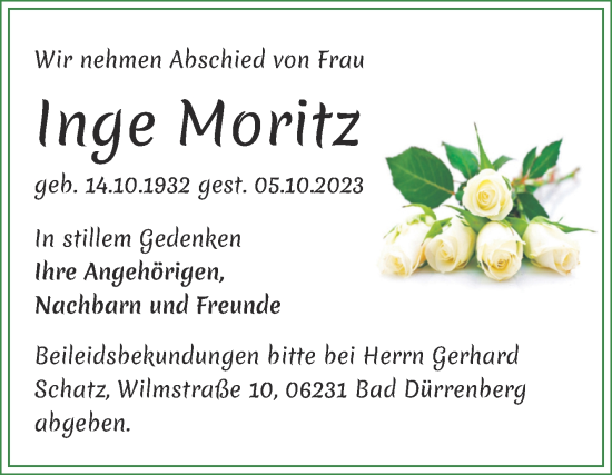 Traueranzeige von Inge Moritz von Trauerkombi Merseburg