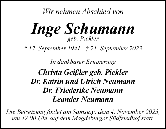Traueranzeige von Inge Schumann von Volksstimme Schönebeck