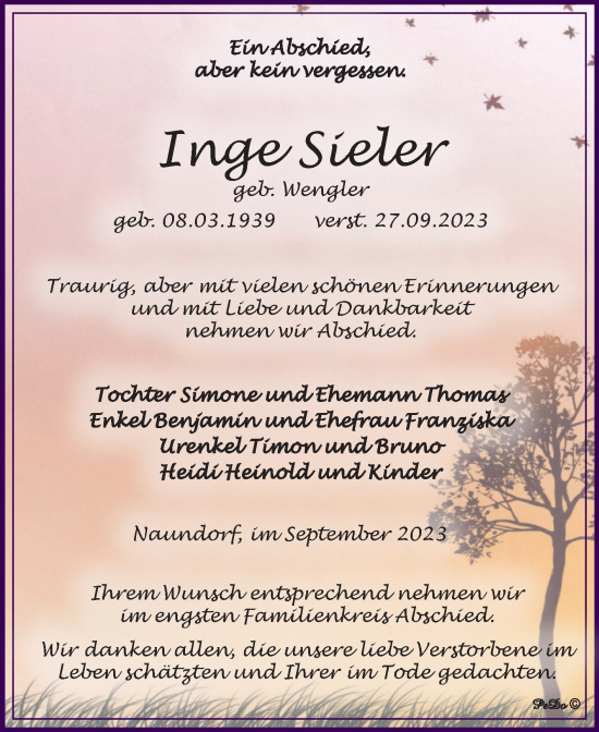Traueranzeige von Inge Sieler von Trauerkombi Weißenfels