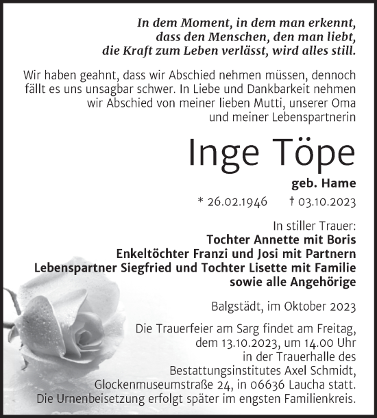 Traueranzeige von Inge Töpe von Wochenspiegel Naumburg/Nebra