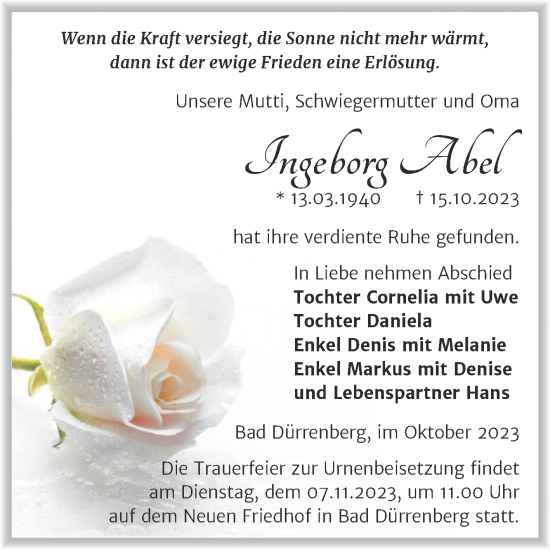 Traueranzeige von Ingeborg Abel von Trauerkombi Merseburg