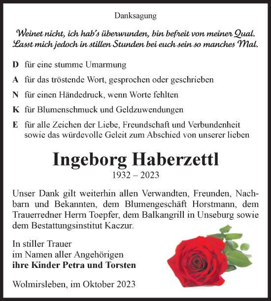 Traueranzeige von Ingeborg Haberzettl von Volksstimme Staßfurt