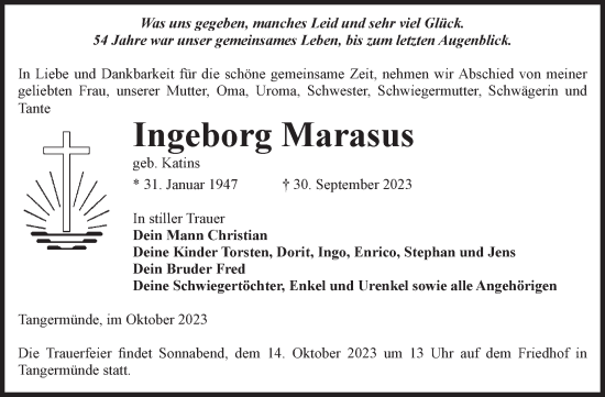 Traueranzeige von Ingeborg Marasus von Volksstimme Altmark Ost