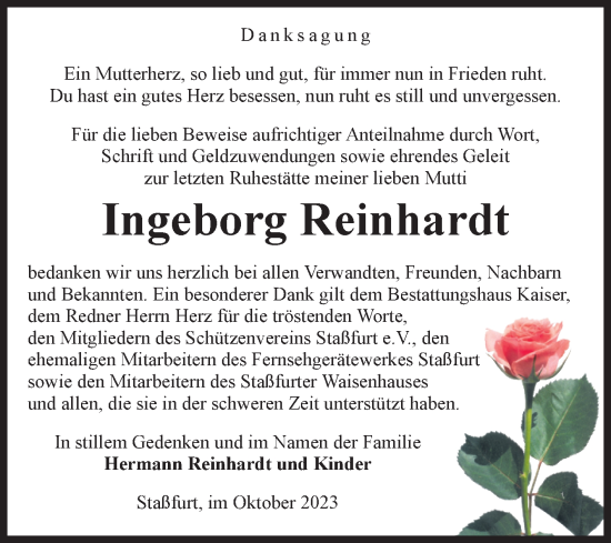 Traueranzeige von Ingeborg Reinhardt von Volksstimme Staßfurt