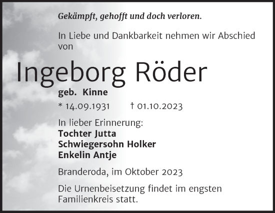 Traueranzeige von Ingeborg Röder von Trauerkombi Merseburg