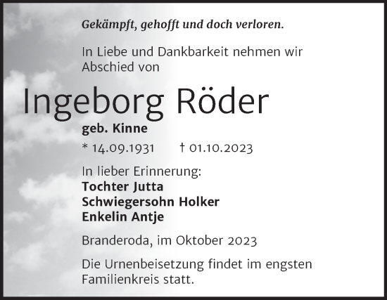Traueranzeige von Ingeborg Röder von Wochenspiegel Naumburg/Nebra