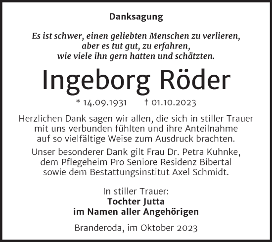Traueranzeige von Ingeborg Röder von Wochenspiegel Naumburg/Nebra