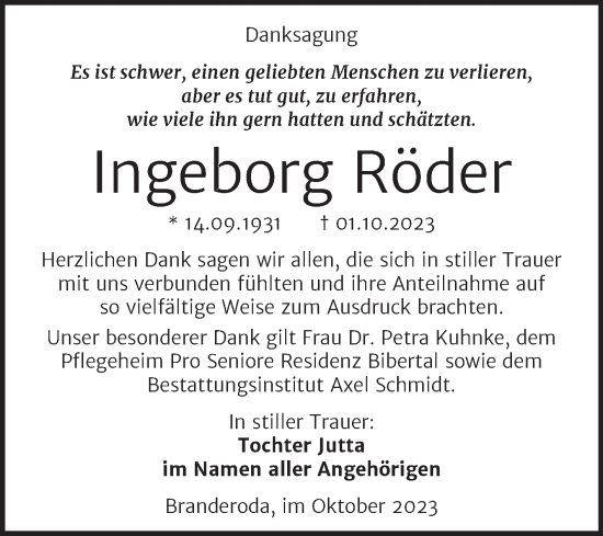 Traueranzeige von Ingeborg Röder von Trauerkombi Merseburg