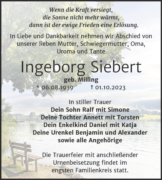 Traueranzeige von Ingeborg Siebert von Trauerkombi Wittenberg