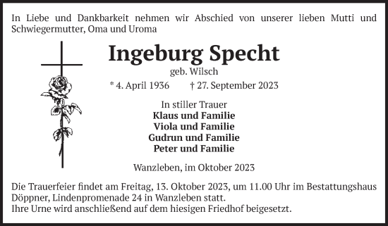 Traueranzeige von Ingeburg Specht von Volksstimme Oschersleben/Wanzleben