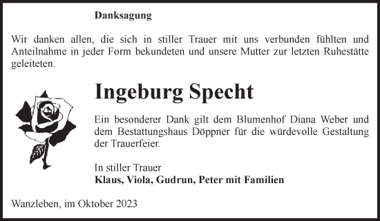 Traueranzeige von Ingeburg Specht von Volksstimme Oschersleben/Wanzleben