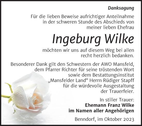 Traueranzeige von Ingeburg Wilke von Trauerkombi Mansfelder Land